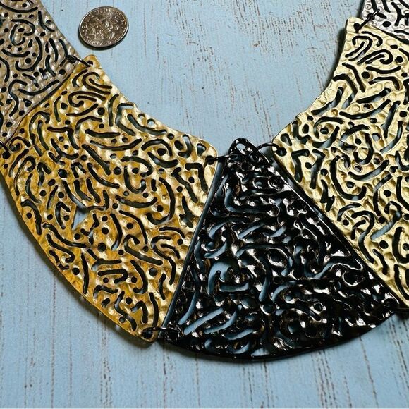 Gunmetal Silver Gold Panel Statement Necklace - Picture 2 of 3